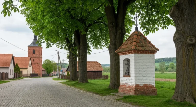 Warminska kapliczka przydrozna pod starymi drzewami we wsi kolo Olsztyna, w tle ceglana wieza kosciola i chaty