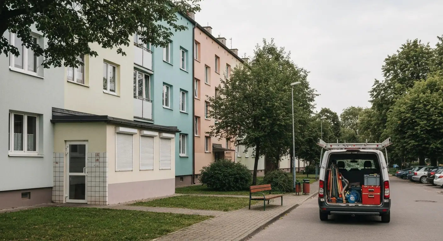 Ulica olsztyńskiego osiedla z pawilonem usługowym i furgonetką serwisową z narzędziami