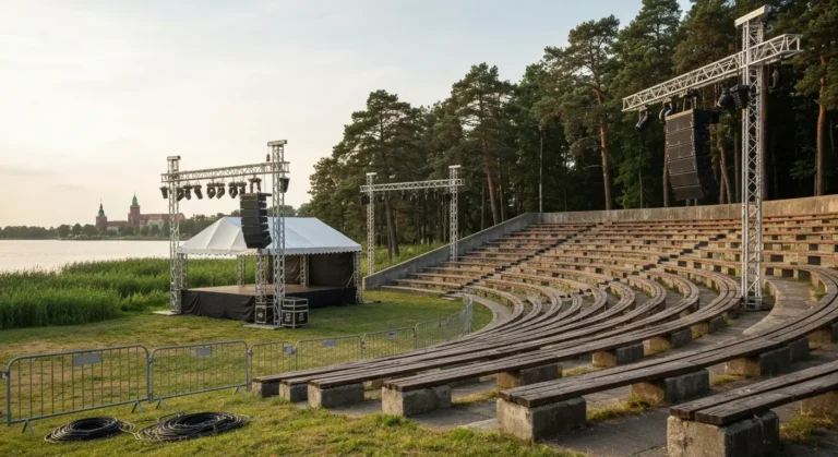 Plenerowy amfiteatr w Olsztynie przed koncertem, drewniane lawy, scena i sprzet naglosnieniowy, w tle sosny i jezioro