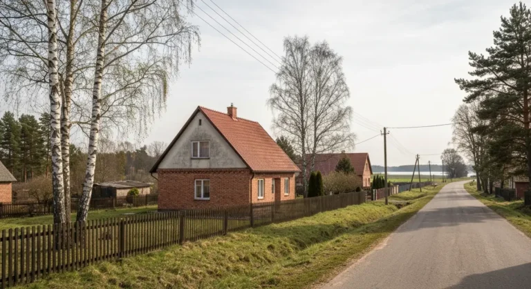 Skromny dom z czerwonym dachem w podolsztynskiej wsi przy waskiej drodze, w tle pola i jeziora Warmii