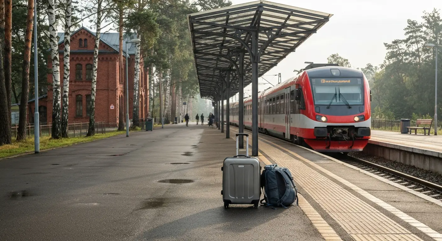 Peron kolejowy w Olsztynie z regionalnym pociagiem, walizka i plecak podroznego na peronie
