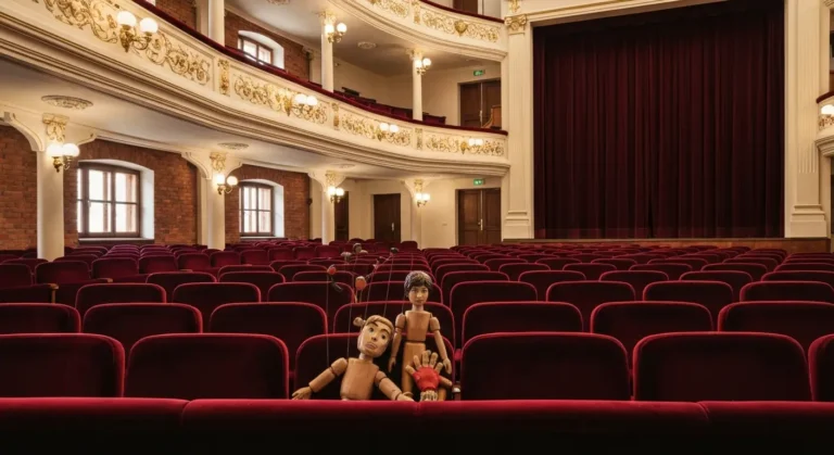 Wnetrze pustej sali teatralnej w Olsztynie z czerwonymi fotelami, balkonami i kurtyna oraz drewniana marionetka na fotel