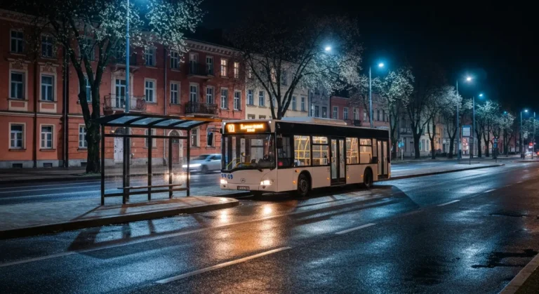 Nocny autobus miejski z oswietlonym wnetrzem stoi przy przystanku na mokrej ulicy w Olsztynie, w tle ceglane kamienice S