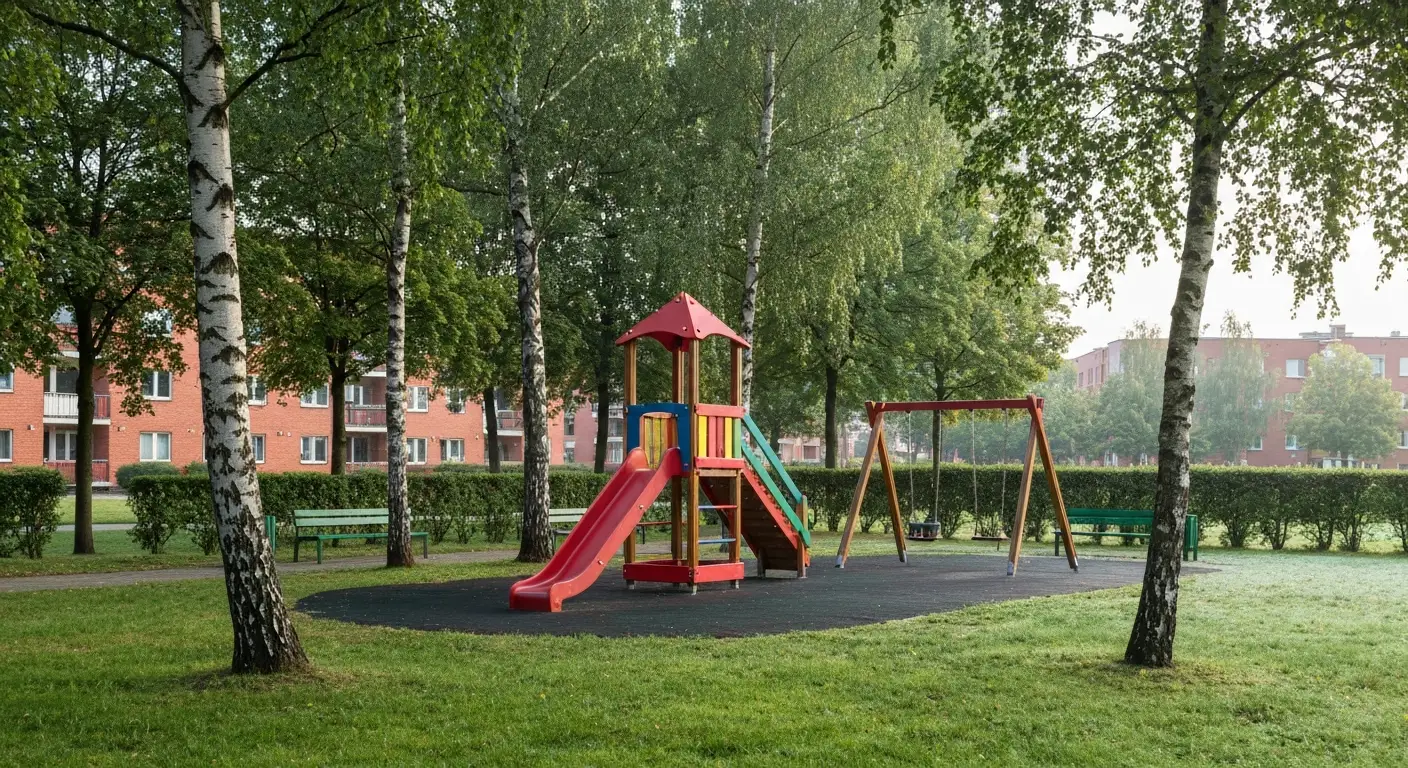 Kolorowy plac zabaw w olsztynskim parku - drewniane zjezdzalnie, hustawki i piaskownica wsrod brzoz i sosen