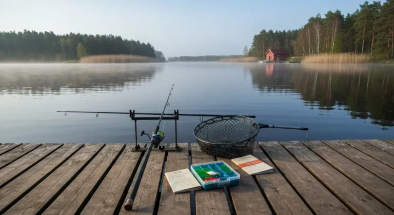 Wedka i podbierak na drewnianym pomoscie nad mglistym jeziorem na Warmii wczesnym rankiem
