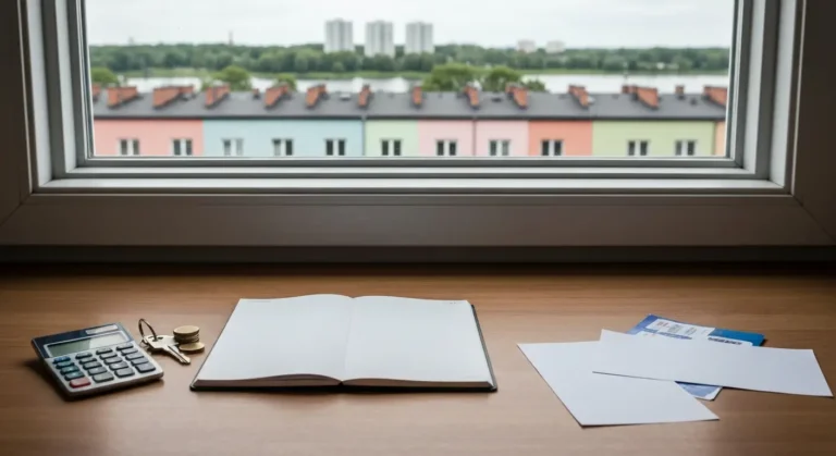 Domowy budzet na drewnianym stole - notes, kalkulator, klucze i monety przy oknie z widokiem na dachy Olsztyna