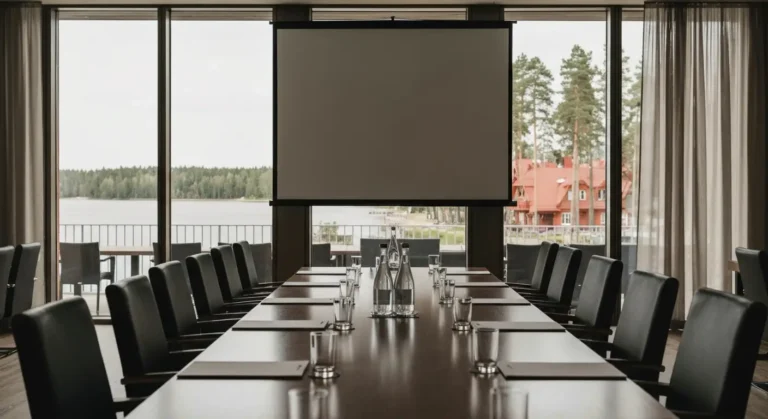Pusta sala konferencyjna w olsztynskim hotelu z dlugim stolem i widokiem na jezioro za przeszklona sciana