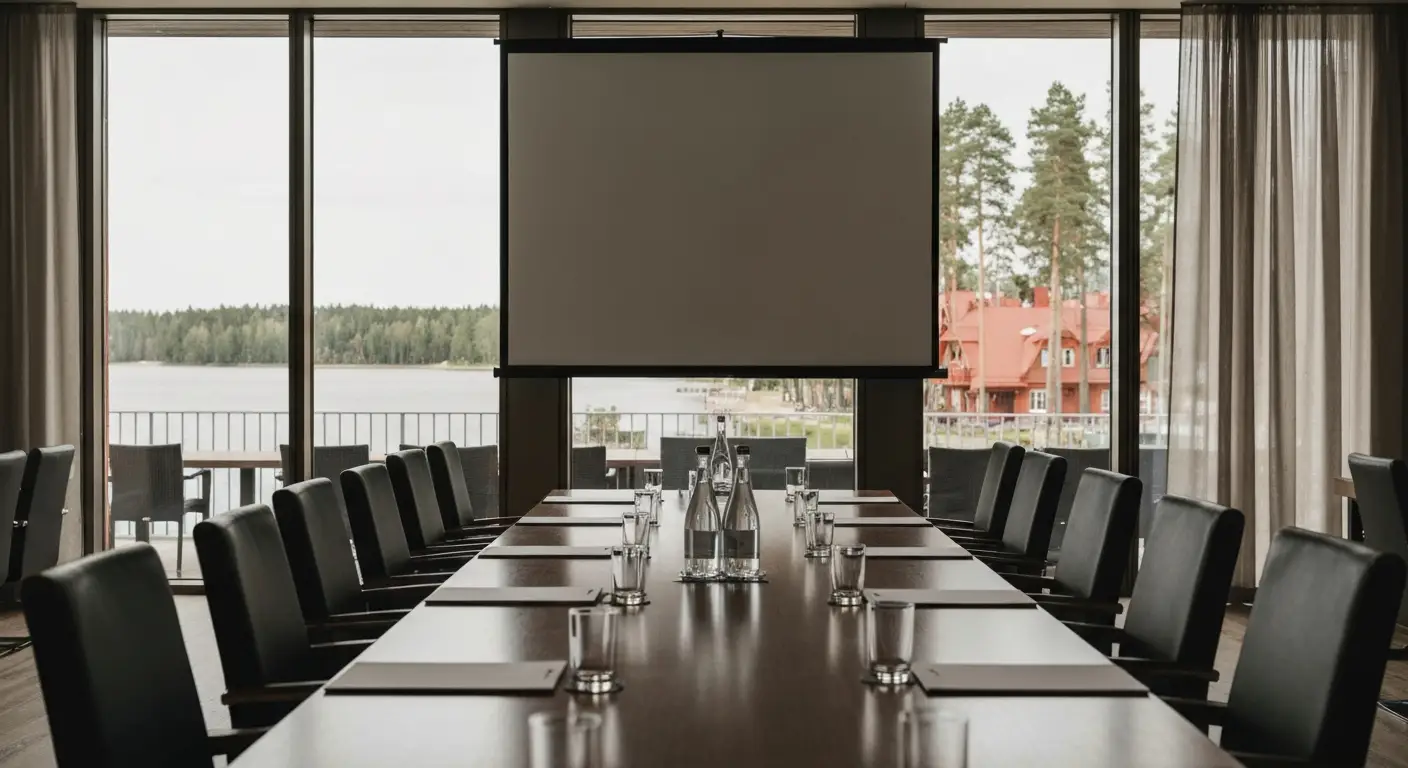 Pusta sala konferencyjna w olsztynskim hotelu z dlugim stolem i widokiem na jezioro za przeszklona sciana
