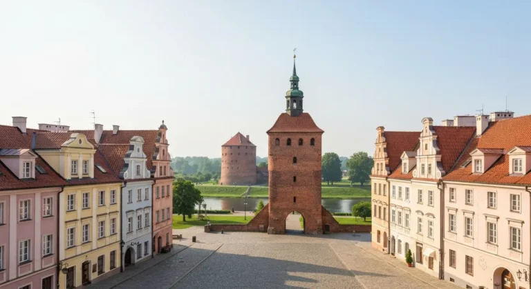 Olsztyn - staromiejski rynek z kamienicami, gotycka brama i ceglany zamek nad Lyna w porannym swietle