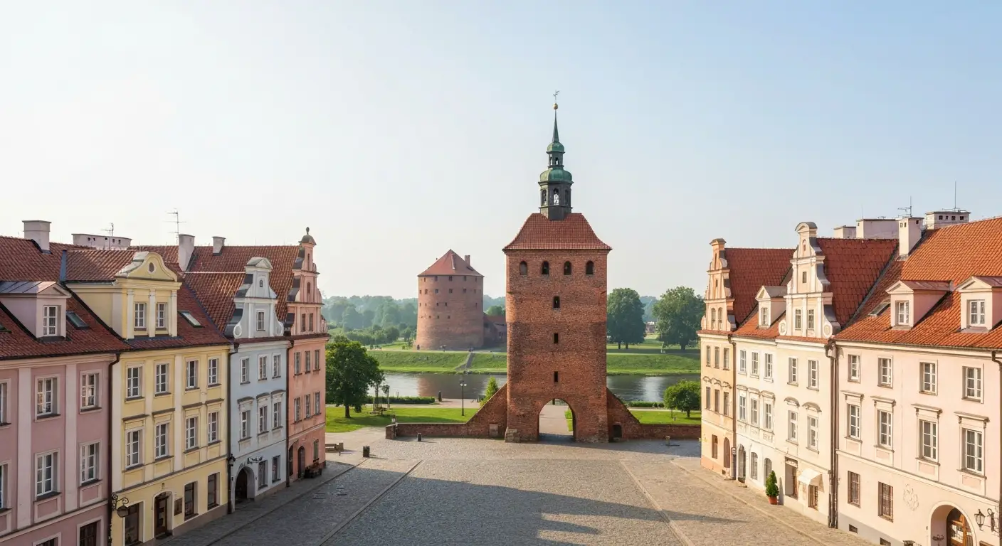 Olsztyn - staromiejski rynek z kamienicami, gotycka brama i ceglany zamek nad Lyna w porannym swietle