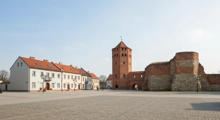 Rynek w Olsztynku z ceglana wieza zamku krzyzackiego i fragmentem murow miejskich w naturalnym swietle dnia