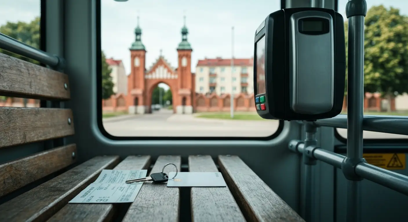 Plastikowa karta miejska na drewnianej lawce w autobusie, w tle kasownik i olsztynska ulica z ceglana brama