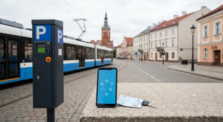 Smartfon z aplikacja miejska na kamiennym murku, w tle tramwaj i kamienice starowki w Olsztynie