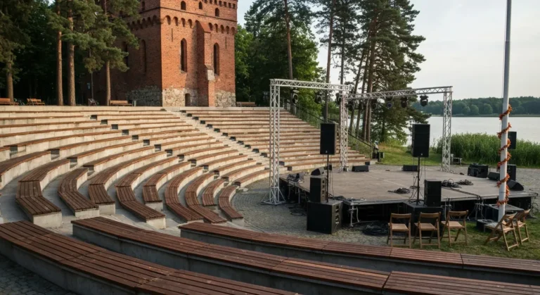 Pusty amfiteatr pod ceglanym zamkiem w Olsztynie z pustą sceną i nagłośnieniem przed letnim koncertem