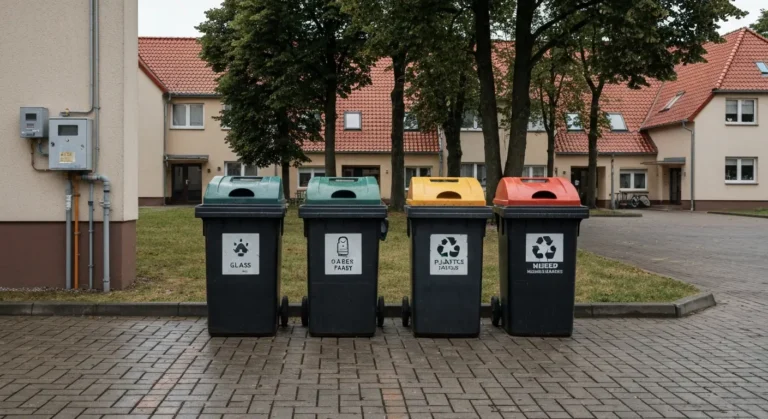 Kolorowe pojemniki na odpady komunalne na podworku miedzy blokami w Olsztynie