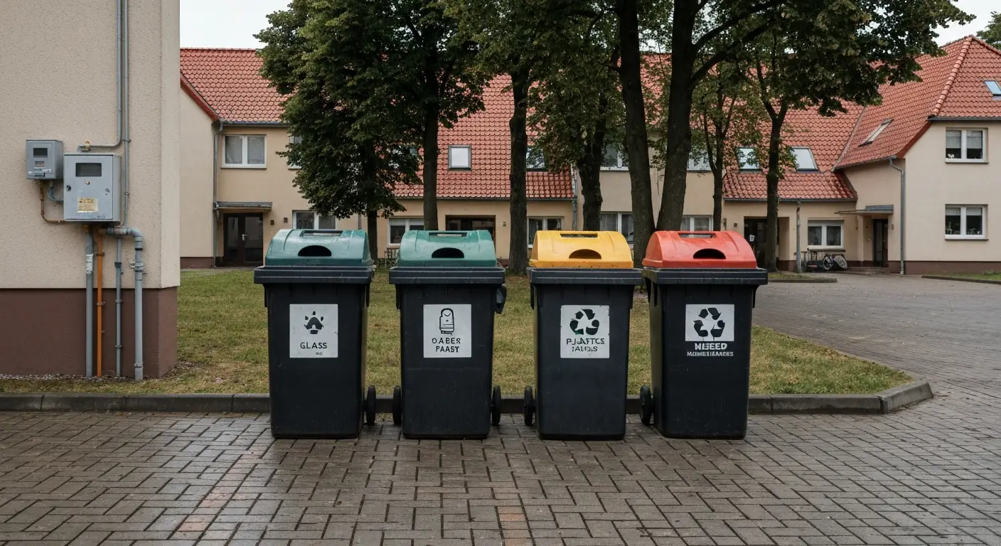 Kolorowe pojemniki na odpady komunalne na podworku miedzy blokami w Olsztynie