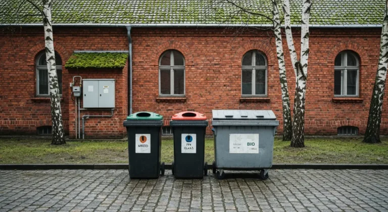 Kolorowe pojemniki na odpady komunalne na podworku ceglanej kamienicy w Olsztynie