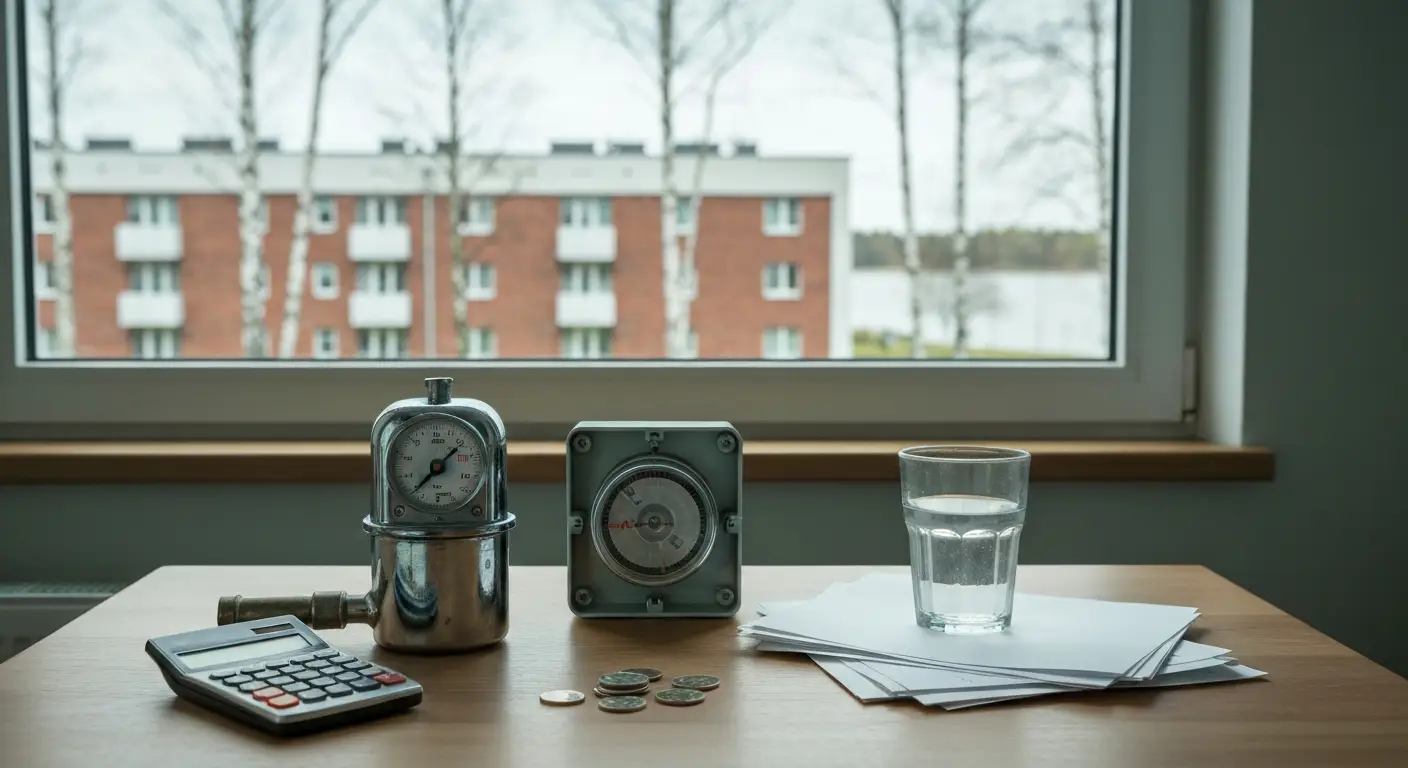 Wodomierz, licznik energii, kalkulator i puste rachunki na stole w olsztynskim mieszkaniu, w tle bloki i jezioro
