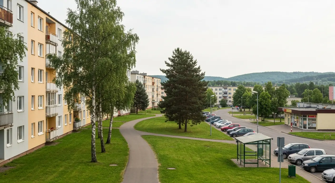 Bloki mieszkalne i aleja pieszo-rowerowa na osiedlu w poludniowej czesci Olsztyna wsrod brzoz i sosen
