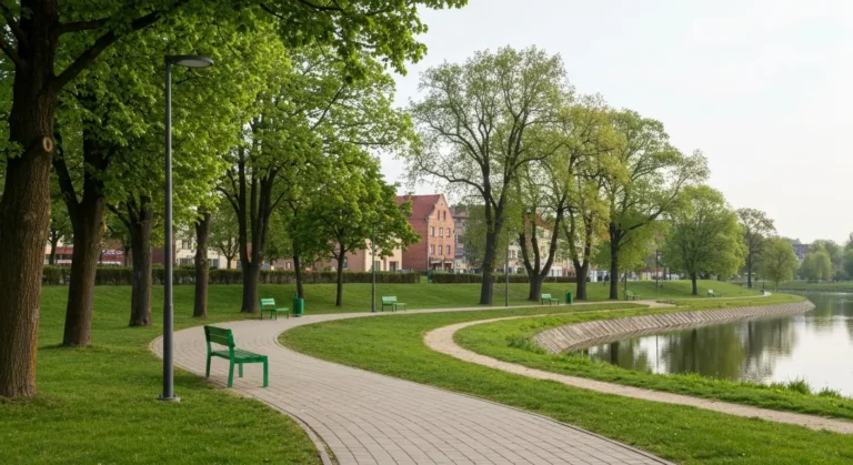 Aleja spacerowa w miejskim parku w Olsztynie nad Lyna, drzewa, trawniki i lawka, w tle dachy srodmiescia