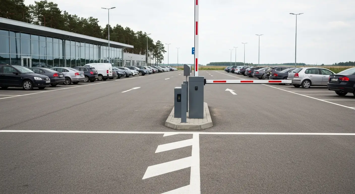 Parking przed terminalem regionalnego lotniska na Warmii, szlaban i parkomat, w tle budynek terminalu i sosny