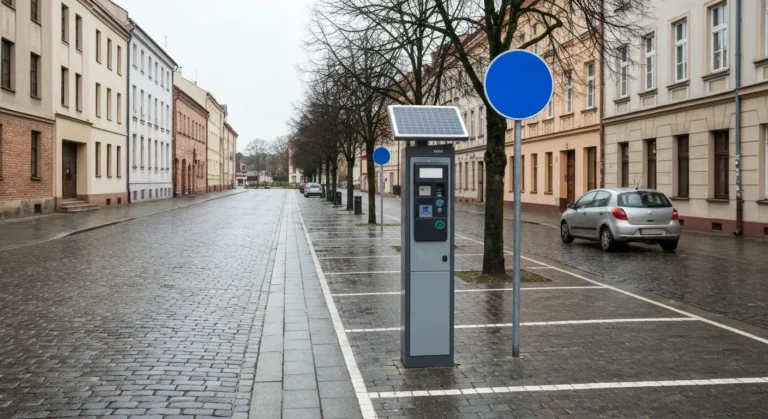 Parkomat i oznakowane miejsca postojowe przy kamienicach w centrum Olsztyna w strefie platnego parkowania