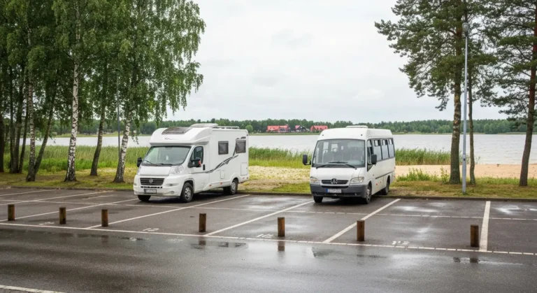 Kamper i bus zaparkowane na nadbrzeznym parkingu przy jeziorze Ukiel w Olsztynie