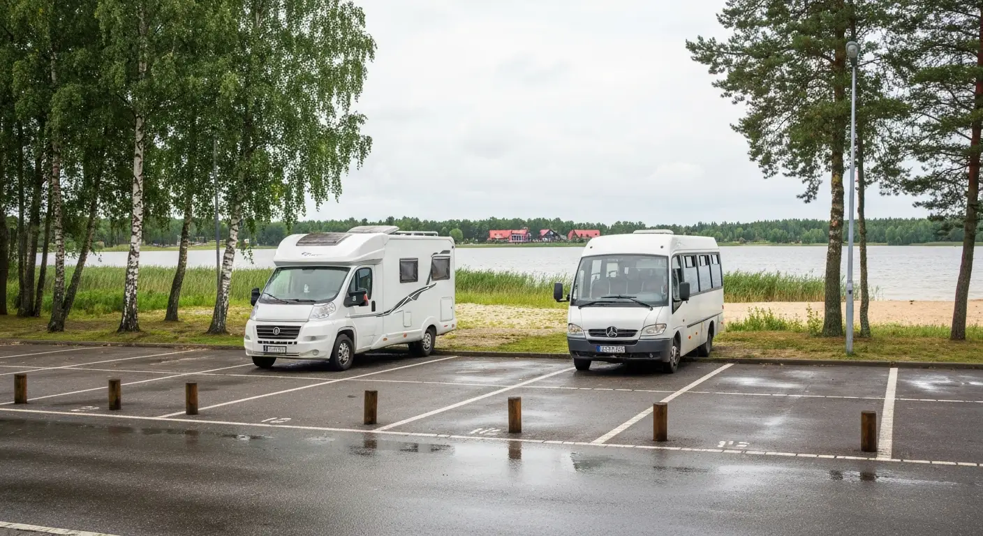 Kamper i bus zaparkowane na nadbrzeznym parkingu przy jeziorze Ukiel w Olsztynie