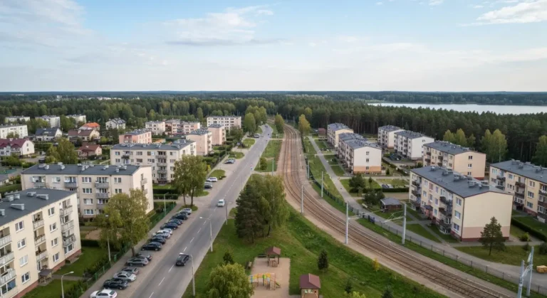 Widok z gory na dwa sasiadujace osiedla na poludniu Olsztyna, ulica graniczna z torami tramwajowymi, bloki i nowsze budy