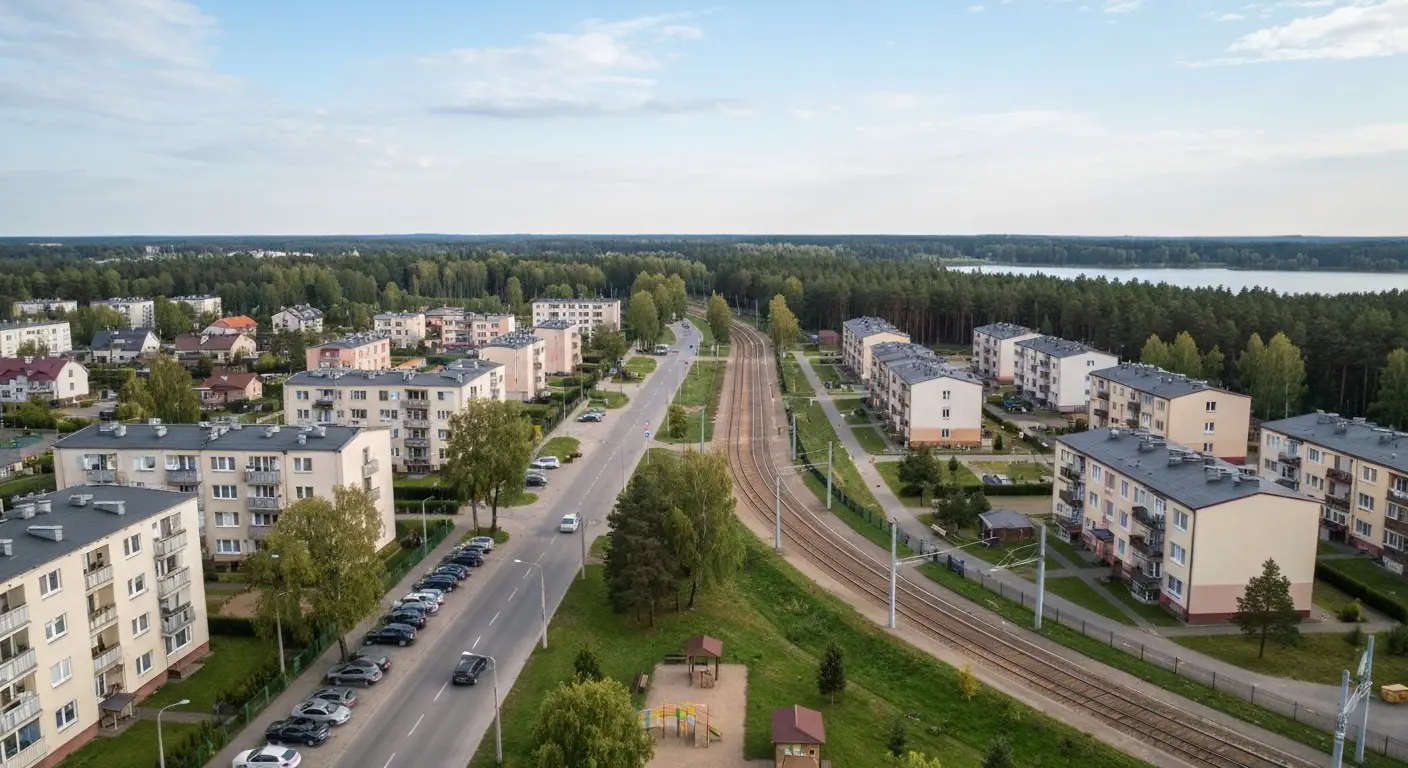 Widok z gory na dwa sasiadujace osiedla na poludniu Olsztyna, ulica graniczna z torami tramwajowymi, bloki i nowsze budy