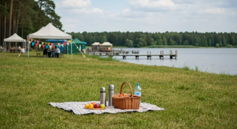 Koc piknikowy z wiklinowym koszem na trawie nad jeziorem Ukiel w Olsztynie, w tle namiot festynowy i pomosty