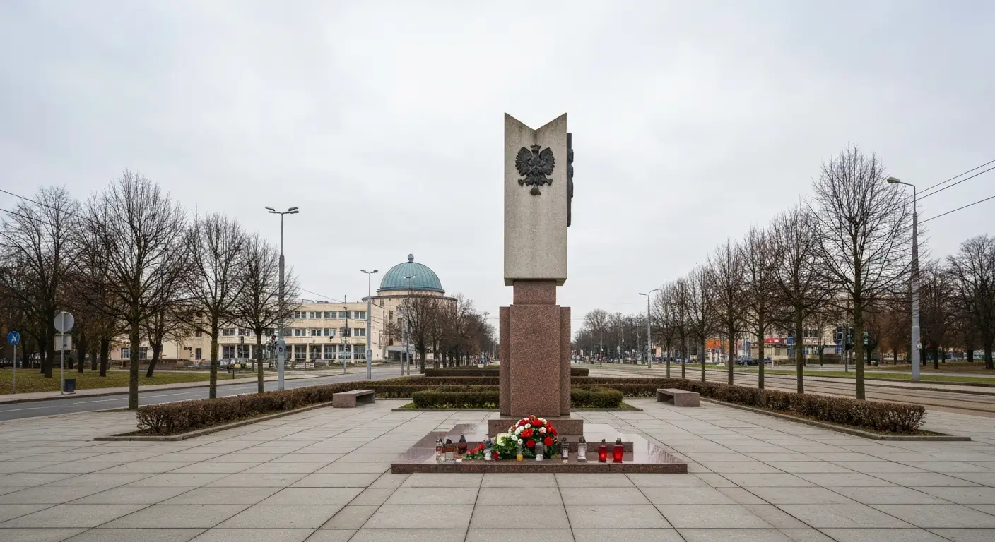 Miejski plac pamieci w centrum Olsztyna z kamiennym pomnikiem, kwiatami i zniczami, w tle modernistyczne budynki i aleja