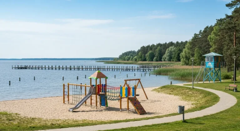 Drewniany plac zabaw na piasku przy plazy miejskiej nad jeziorem Ukiel w Olsztynie, w tle pomost i lesisty brzeg