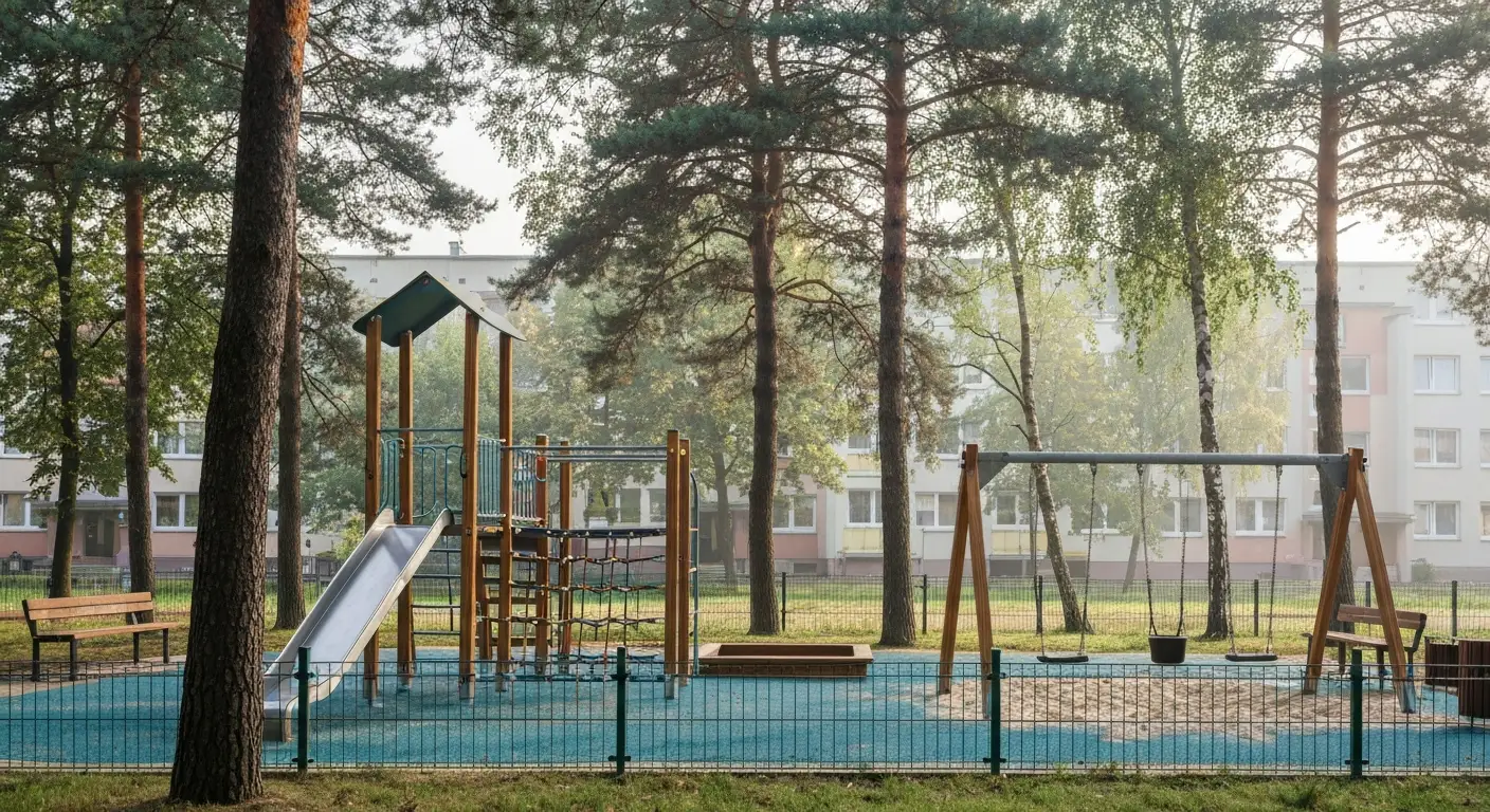 Osiedlowy plac zabaw w Olsztynie z drewniana wspinaczka, hustawkami i piaskownica wsrod sosen