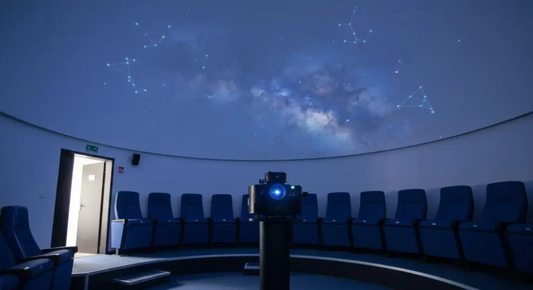 Wnetrze planetarium w Olsztynie - kopula projekcyjna, rzedy foteli i projektor gwiazd rzucajacy obraz nieba
