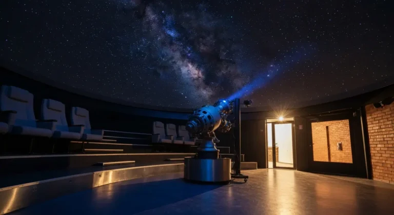 Wnetrze kopuly planetarium w Olsztynie z projektorem gwiazd i pustymi rzedami foteli pod rozgwiezdzonym sklepieniem