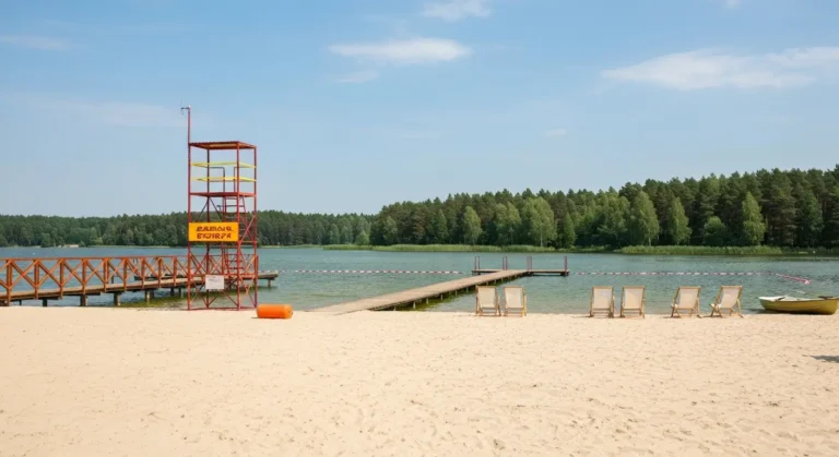 Piaszczysta plaza miejska nad jeziorem Ukiel w Olsztynie z wieza ratownika, pomostem i lasem sosnowym na drugim brzegu