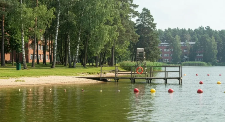 Plaza nad Jeziorem Kortowskim w Olsztynie - pomost, krzeslo ratownika i boje wyznaczajace kapielisko