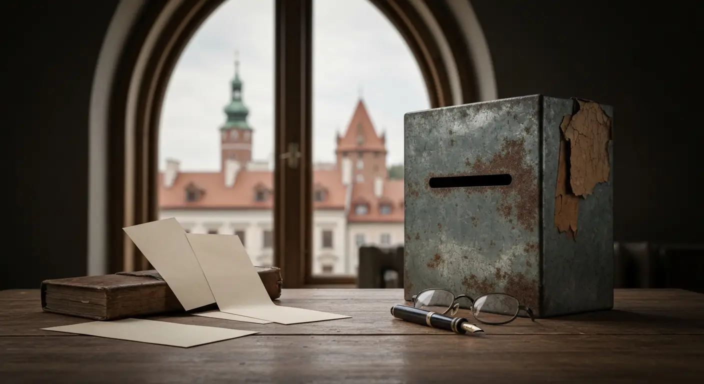 Stara drewniana skrzynia do glosowania, puste kartki i zabytkowe pioro na stole w olsztynskim archiwum, w tle ceglane da