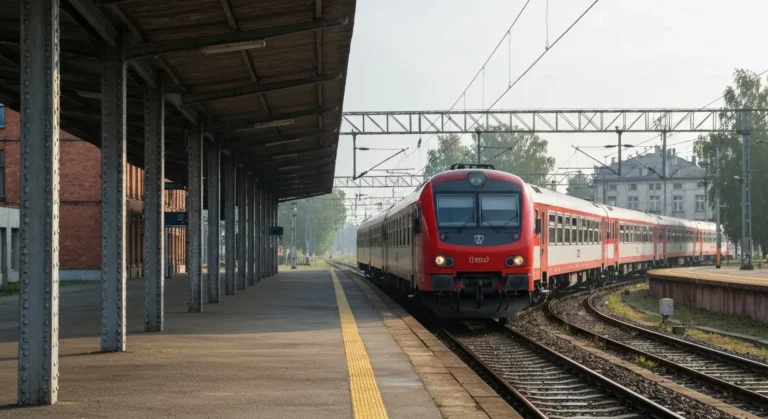 Pociag pasazerski przy peronie dworca kolejowego w Olsztynie o poranku