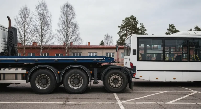 Ciezarowka z naczepa i autobus zaparkowane na miejskim placu w Olsztynie pod pochmurnym niebem