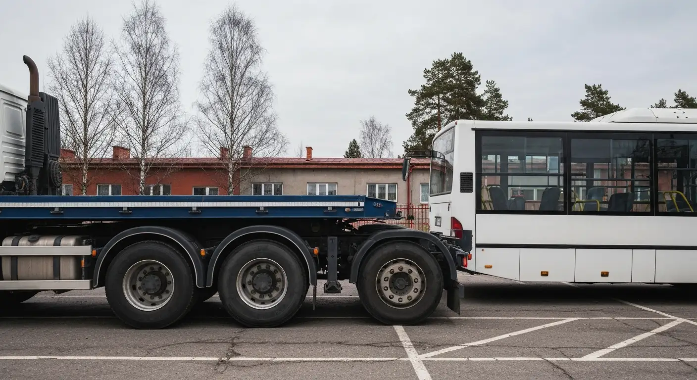 Ciezarowka z naczepa i autobus zaparkowane na miejskim placu w Olsztynie pod pochmurnym niebem